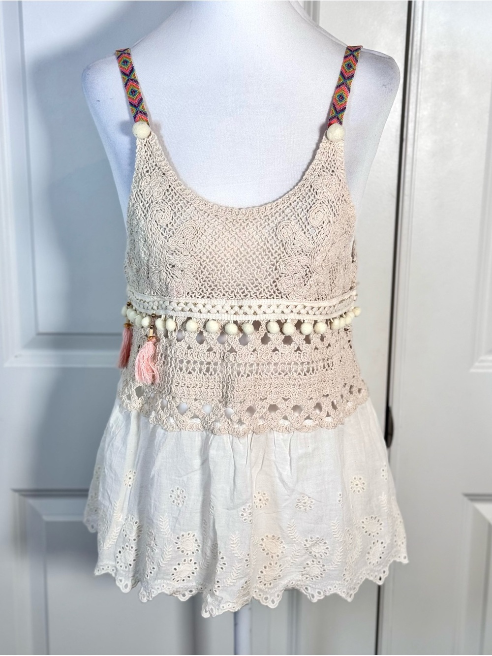 Boho Crochet Eyelet Tank Top Small Cream Pom Pom Tassel Festival Cami Ibiza Chic